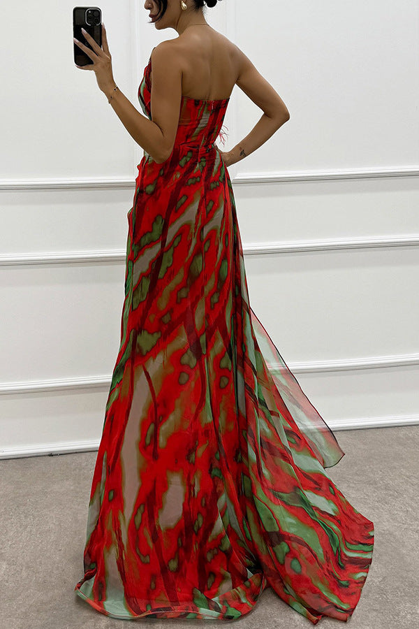 Fairy Watercolor Design Printed Feather Rose Details Off Shoulder Folded Open Skirt