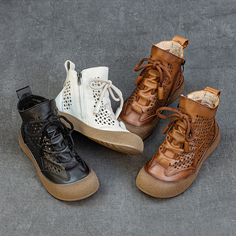 Layer Cowhide Hollow Flat Soft Bottom Boots