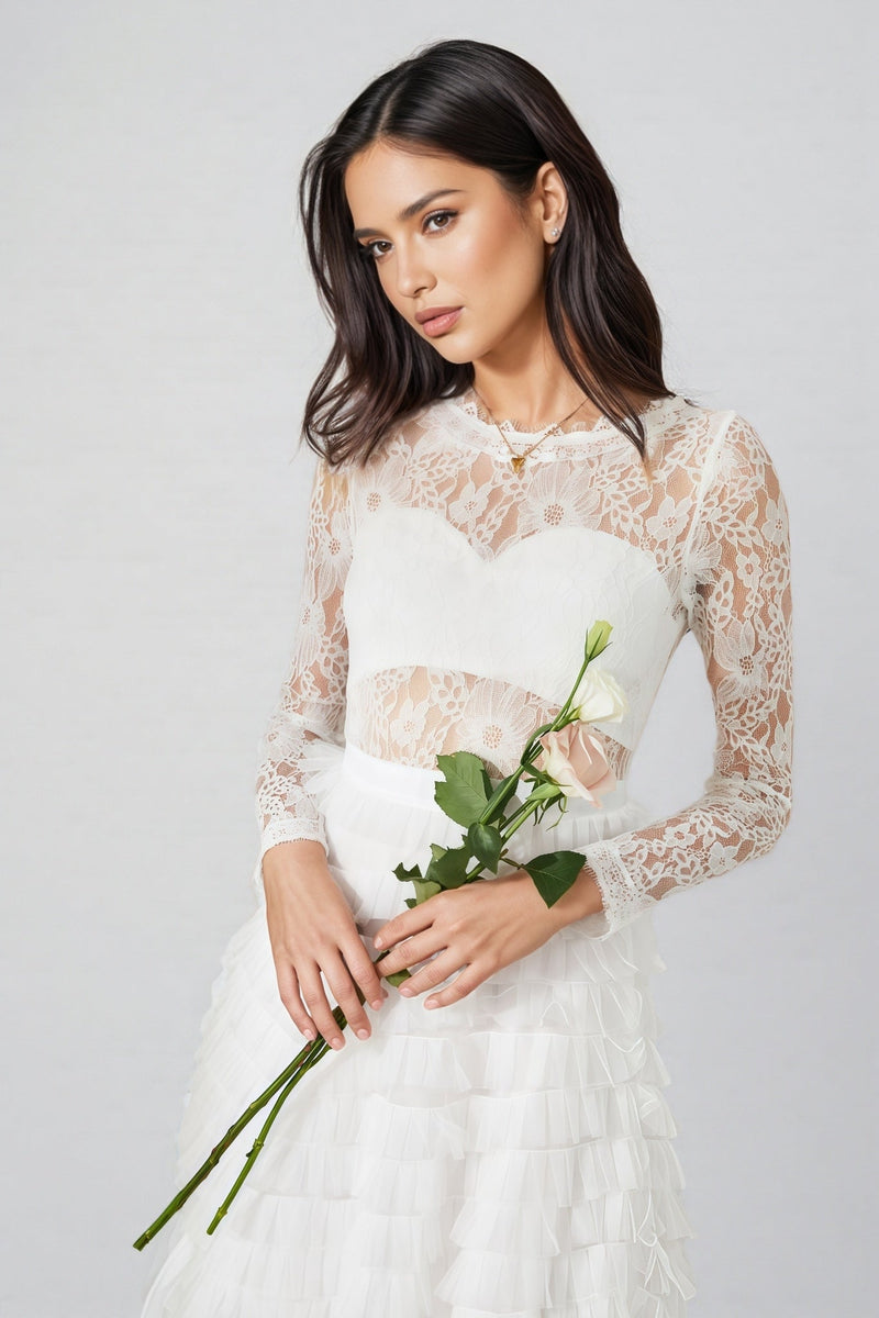 Yuio White Hollow Lace A-line Maxi Dress