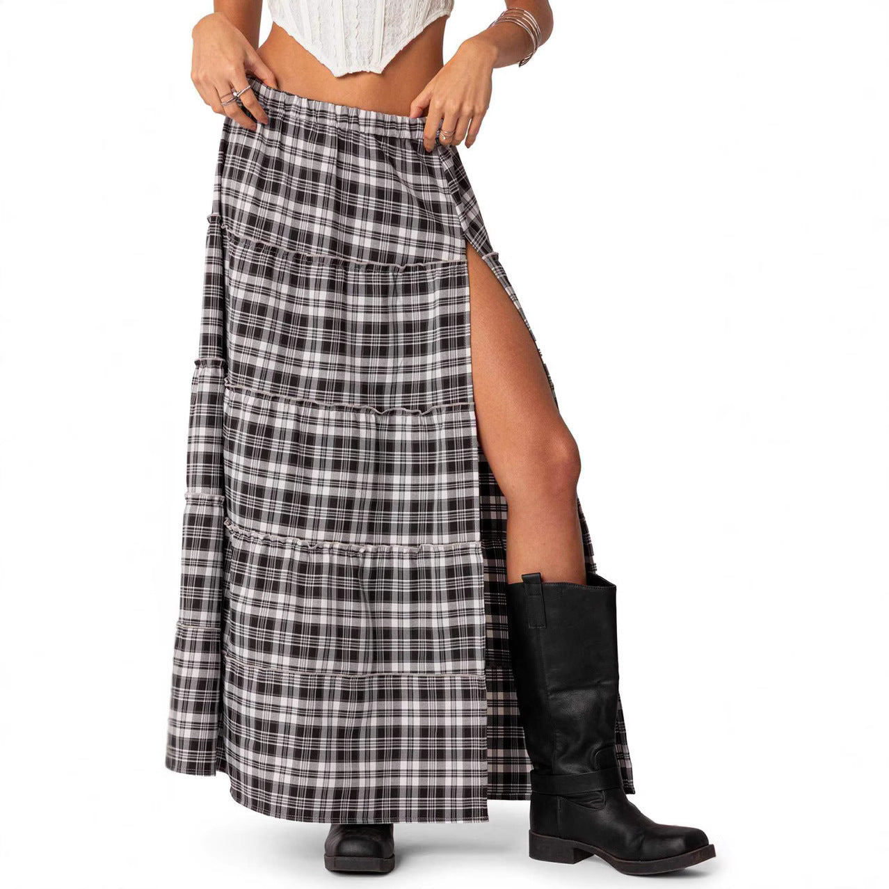 Colorblock Plaid A-line Skirt