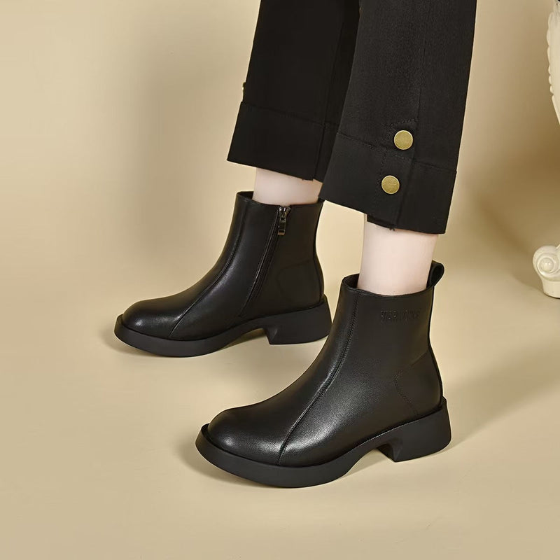 Martin Simple Flat Short Cowhide Round Boots