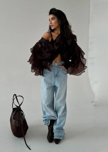 Midnight Whispers Ruffle Blouse – Sheer Organza Statement Sleeves