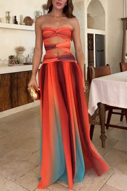 ' Sunset Strapless Tassel Printed Twisted Hollow Off Shoulder Vacation Long Dress