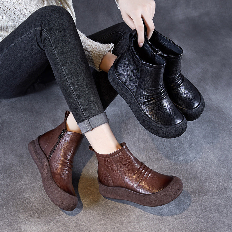 Flat Bottom Ankle Top Layer Cowhide Boots
