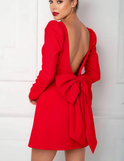 Party Dress Fluffy Shoulder Long Sleeved Back Bow Detail Mini Dress