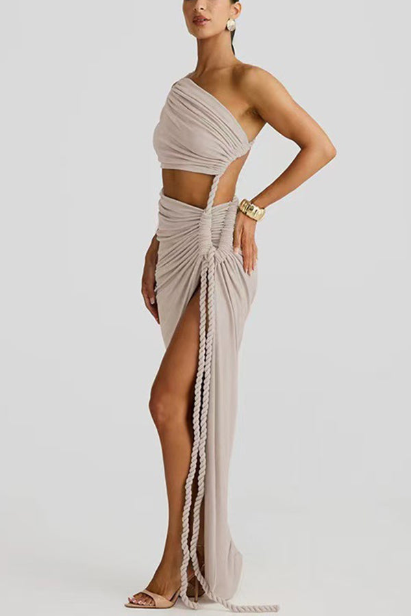 Juliana Rope Detail Ruched One Shoulder Cutout Stretch Maxi Dress