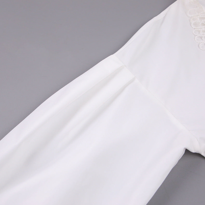 Ruffled Deep V-neck Lace Trim Blouse