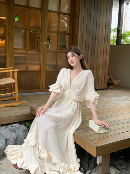 Tailande Linen Maxi Dress _ V-neck Ruffle Goddess Gown With 10-meter Full Hem