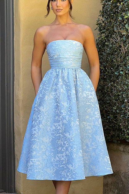 Jacquard Fabric Strapless Open Back Slim Midi Dress