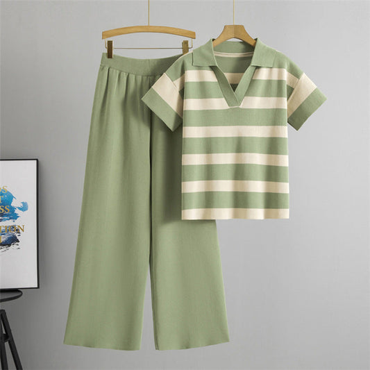 Green – V-neck Short Sleeve Striped Two Piece Set