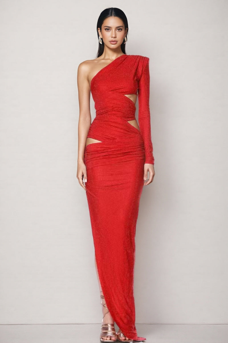 Pascal One Shoulder Red Cutout Maxi Dress