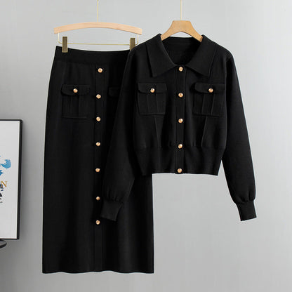 Knitted Slim-fit Two Piece Set - Black