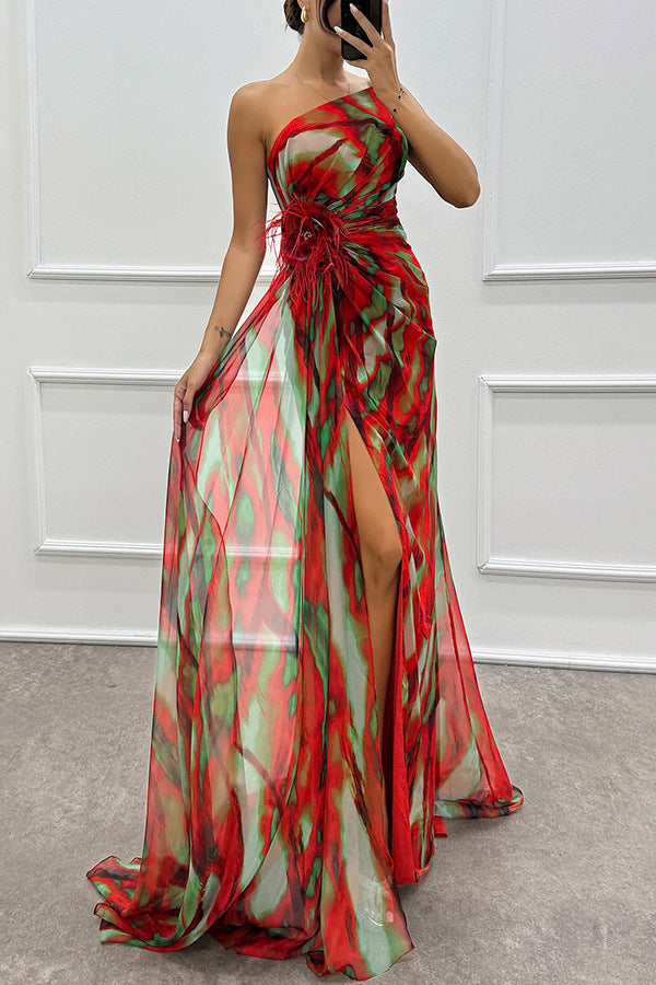 Fairy Watercolor Design Printed Feather Rose Details Off Shoulder Folded Open Skirt