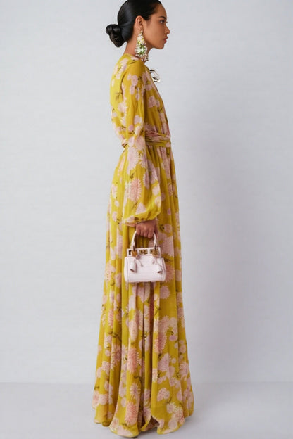 Giselle Lace Up Puff Sleeve Maxi Dress