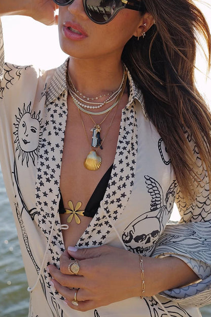 ' Wealthy Satin Unique Printed Tassel Shirt and Elastic Waist Shorts Set