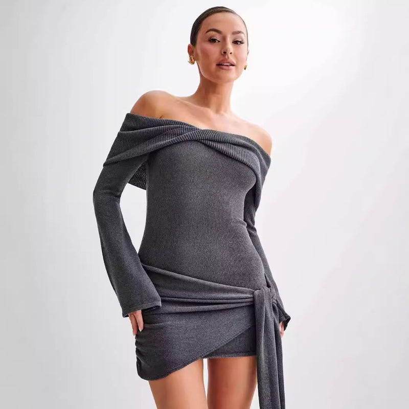 Sidony - Waist Knot Off-shoulder Knitted Mini Dress