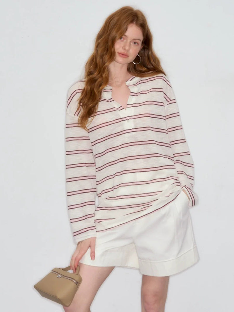 Striped V-neck Long Sleeve Sweatshirt