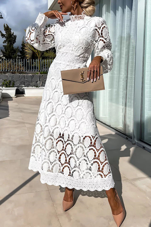 French Party Sensual Party Crochet Lace Lantern Sleeves Party Midi Skirt
