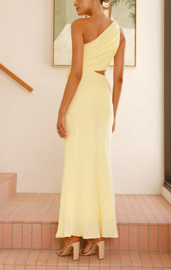 Bloom Summer 3d Flower Ruched One Shoulder Cutout Maxi Dress