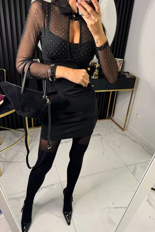 ' Mesh Sparkling Fabric Hollow Out Shirt Collar Long Sleeved Elastic Mini Dress