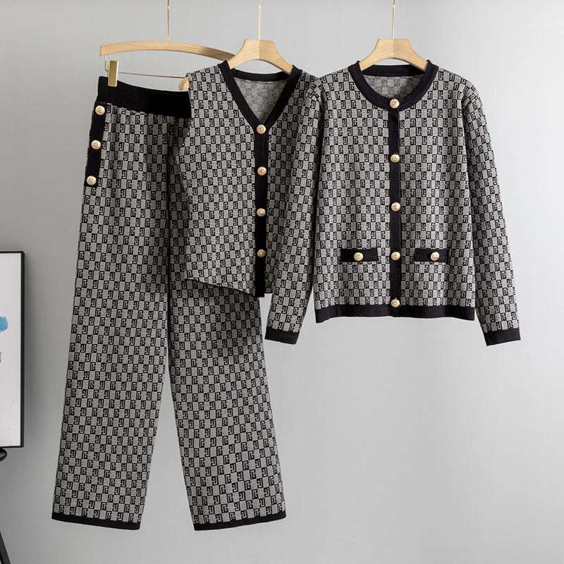 Black – Knit Vest Cardigan Three Piece Set