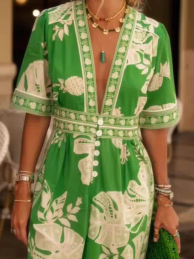Fresh Holiday Print V-neck Short Sleeve Jumpsuit