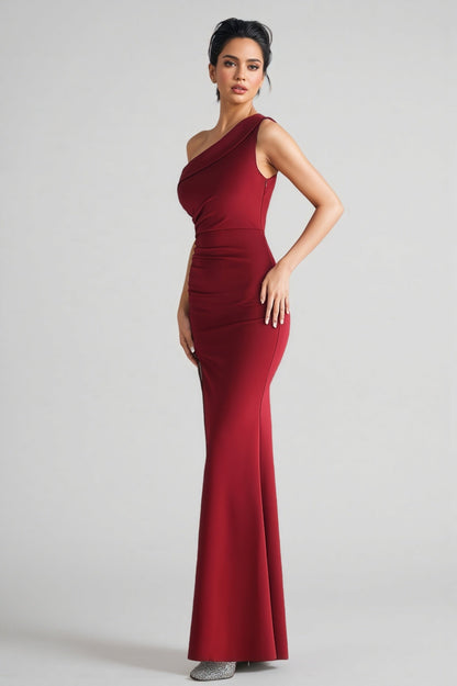 Umeko Burgundy One-shoulder Pleated Maxi Dress