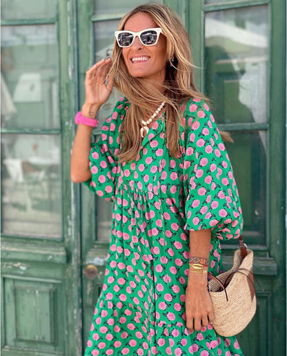 Fashionable Street Picnic Bubble Sleeve Layered Party Midi Dress