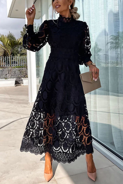 French Party Sensual Party Crochet Lace Lantern Sleeves Party Midi Skirt