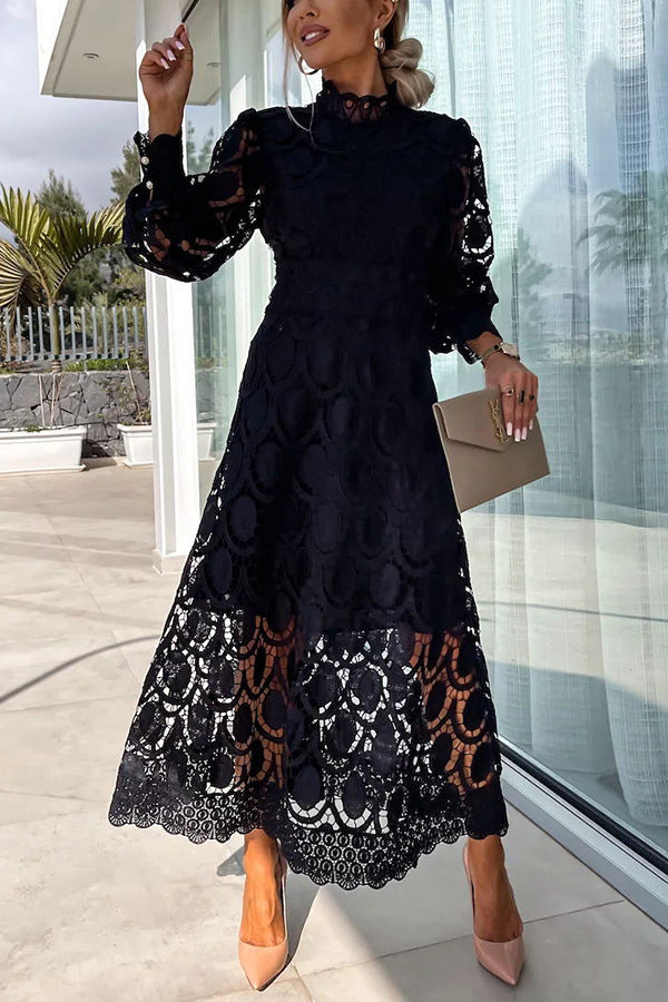 French Party Sensual Party Crochet Lace Lantern Sleeves Party Midi Skirt