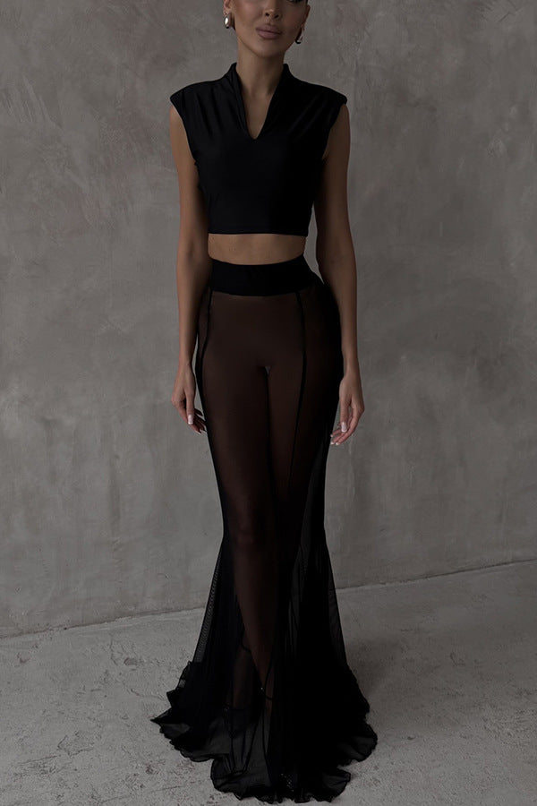 French Summer Chiffon Fish Tail Eternal Mesh High Waisted Elastic Fish Tail Long Skirt
