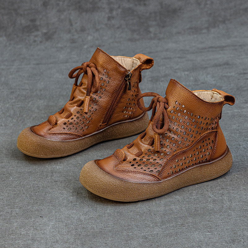 Layer Cowhide Hollow Flat Soft Bottom Boots
