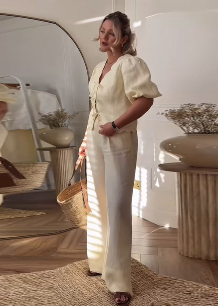 Limonetta - Scalloped Tie-front Blouse & Wide-leg Pants Set