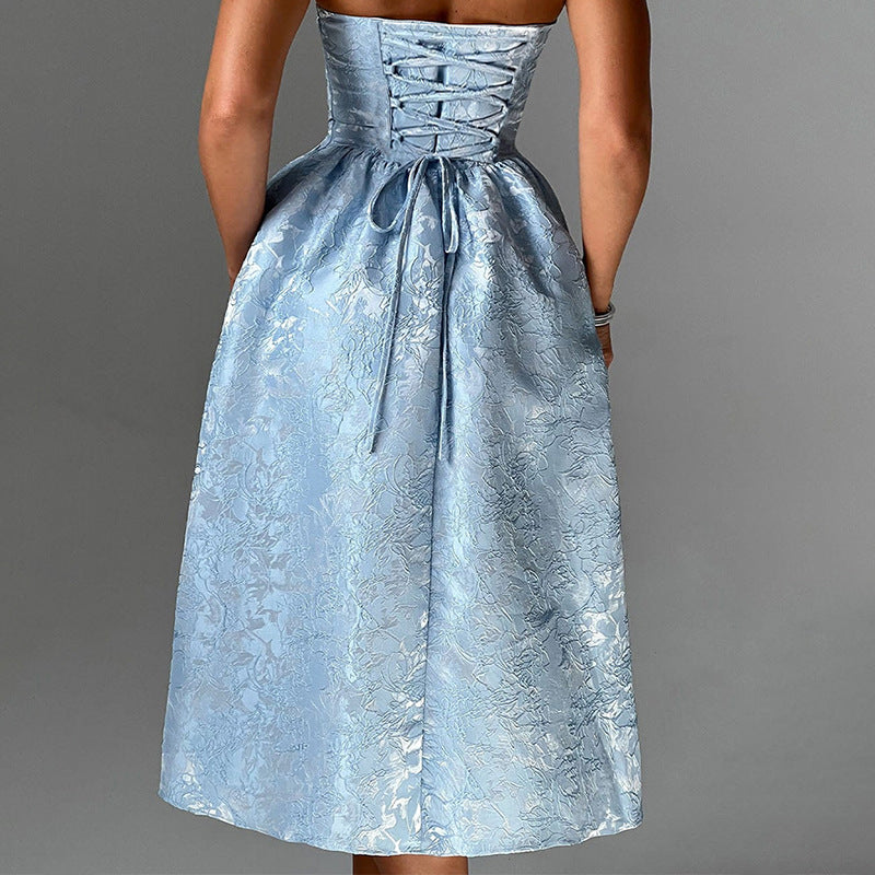 Jacquard Fabric Strapless Open Back Slim Midi Dress