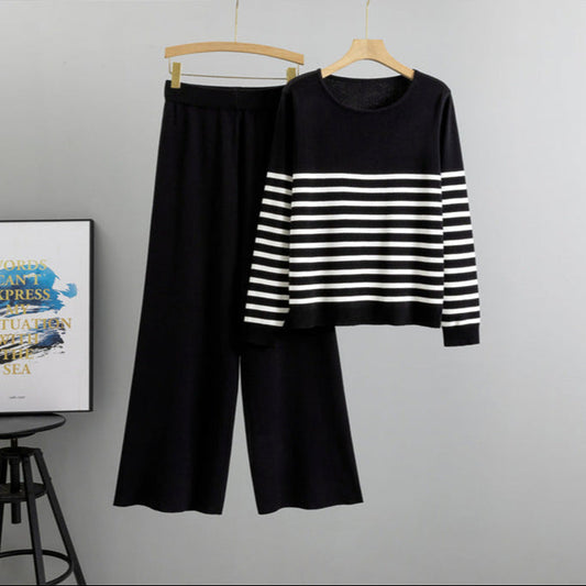 Black - Striped Knitted Two Piece Set