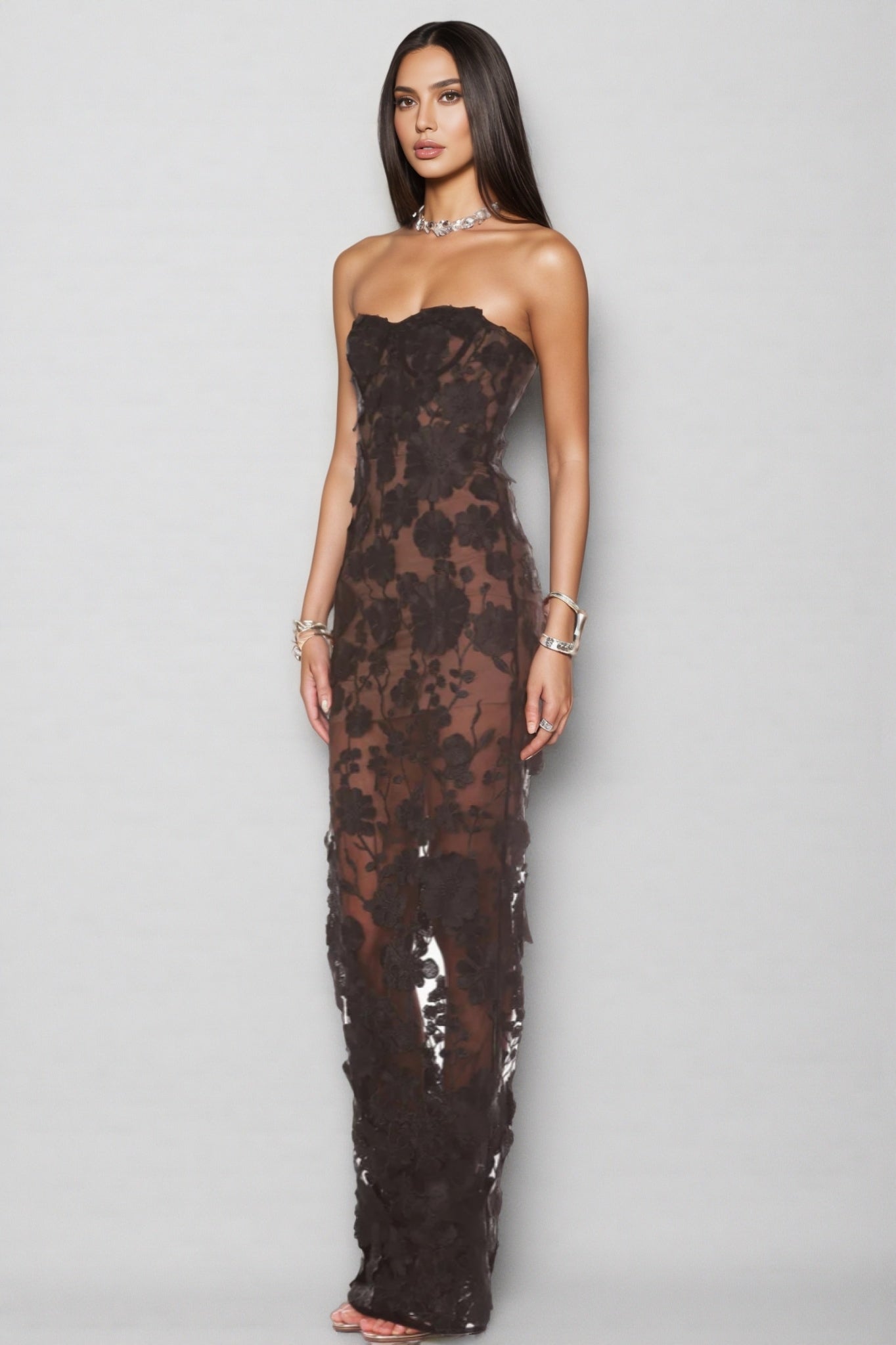 Wyat 3d Mesh Flower Embroidery Maxi Dress
