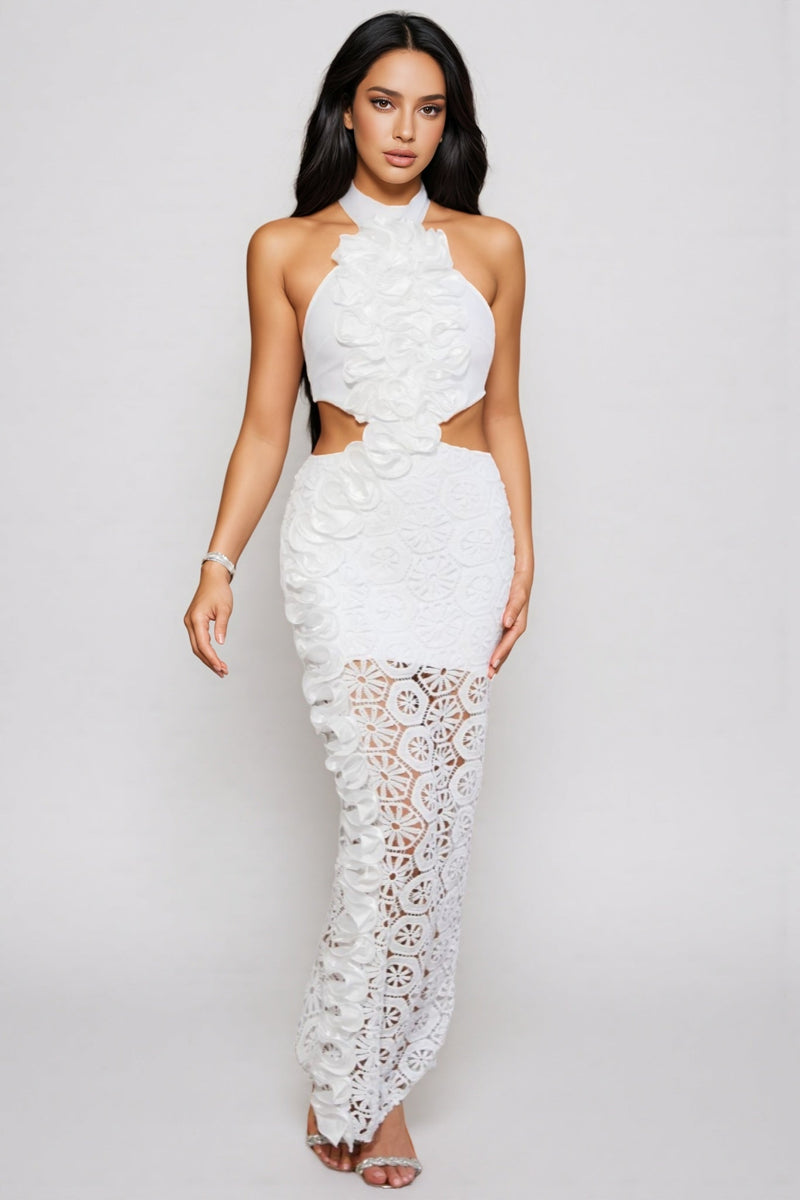 Vedilk 3d Lace Openwork Ruffled Maxi Dress