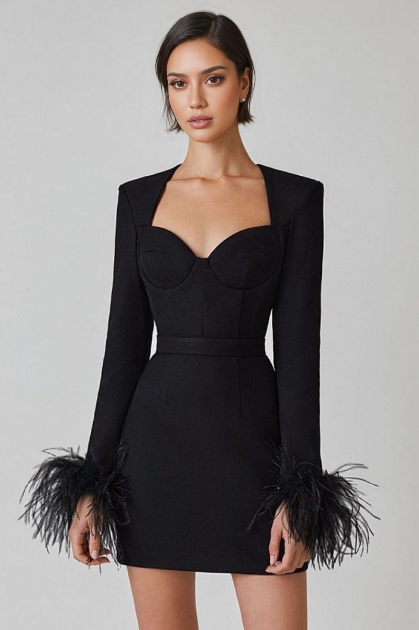Delphinia Long Sleeve Feathers Mini Dress