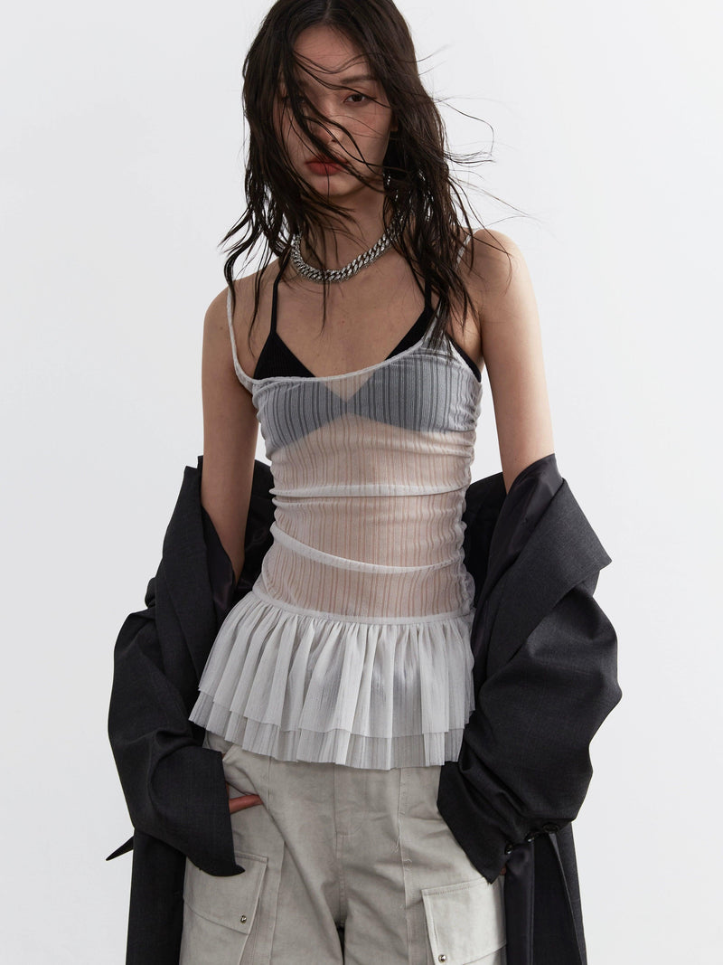 Jnylon Studio Sheer Pleated Corset Top - White Mesh Ruched Bustier With Tulle Skirt