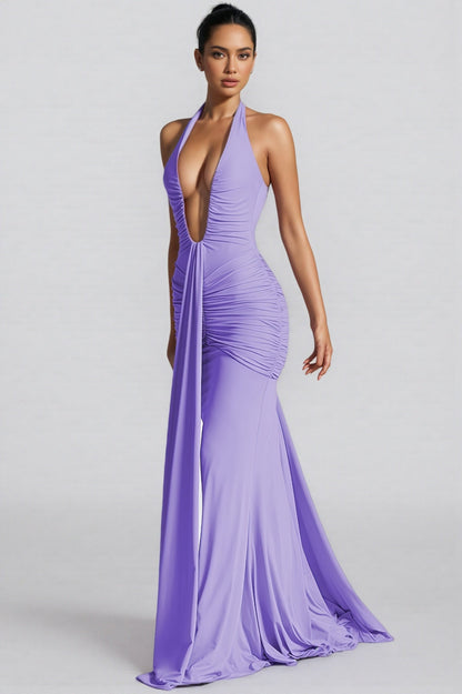 Elsie Purple Deep V-neck Backless Maxi Dress