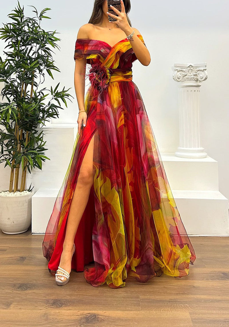 Fairy Flower Feather Pendant Fallen Fold Off Shoulder Party Split Design Long Dress