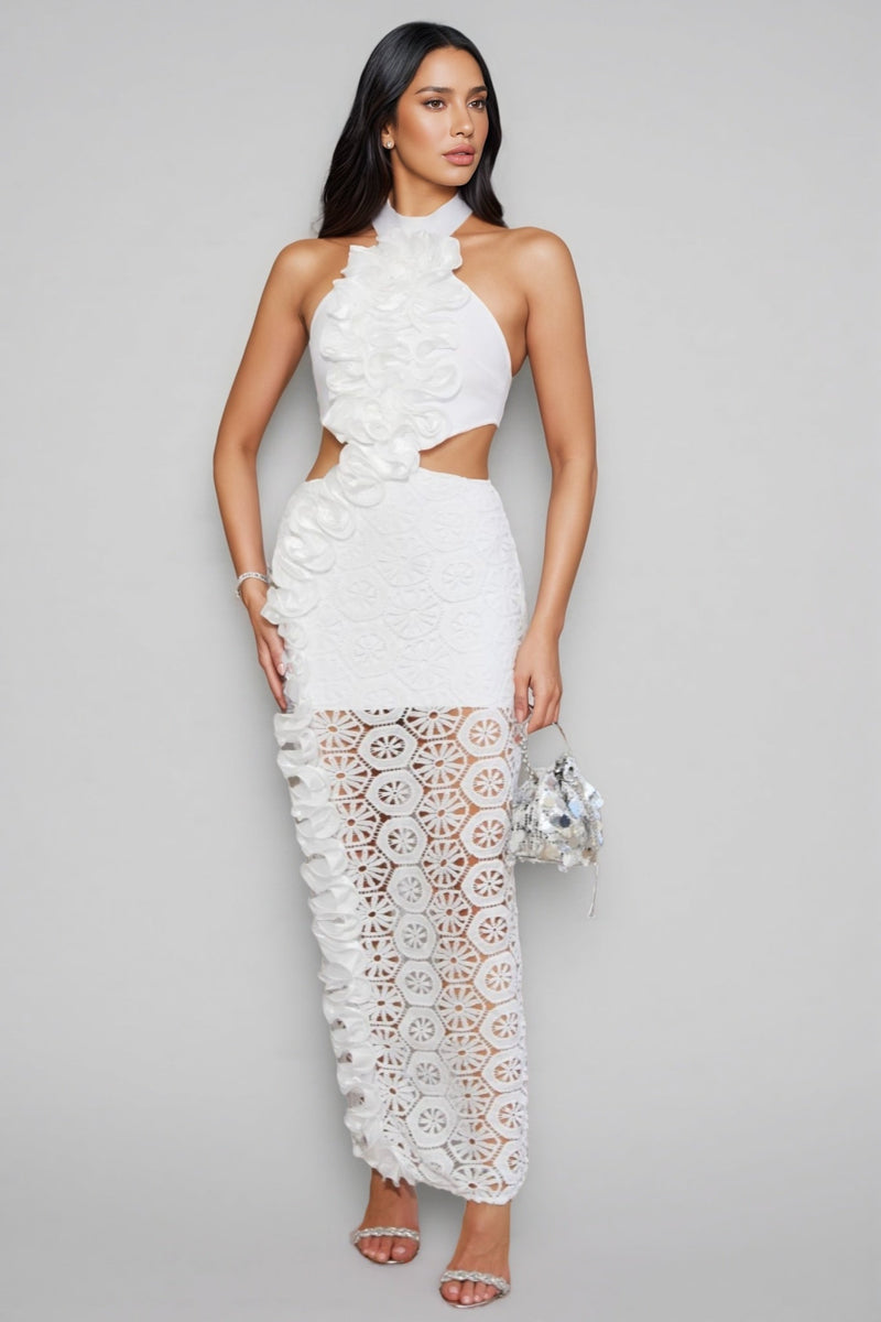 Vedilk 3d Lace Openwork Ruffled Maxi Dress