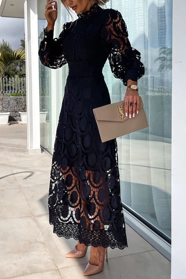 French Party Sensual Party Crochet Lace Lantern Sleeves Party Midi Skirt