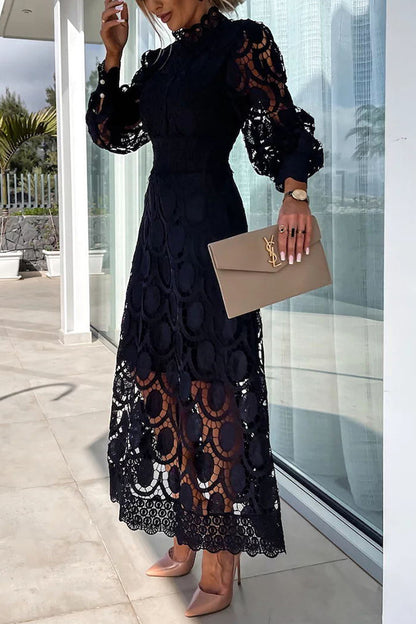 French Party Sensual Party Crochet Lace Lantern Sleeves Party Midi Skirt
