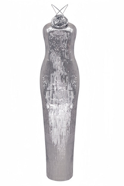 Soraya Silver Sequin 3d Maxi Dress