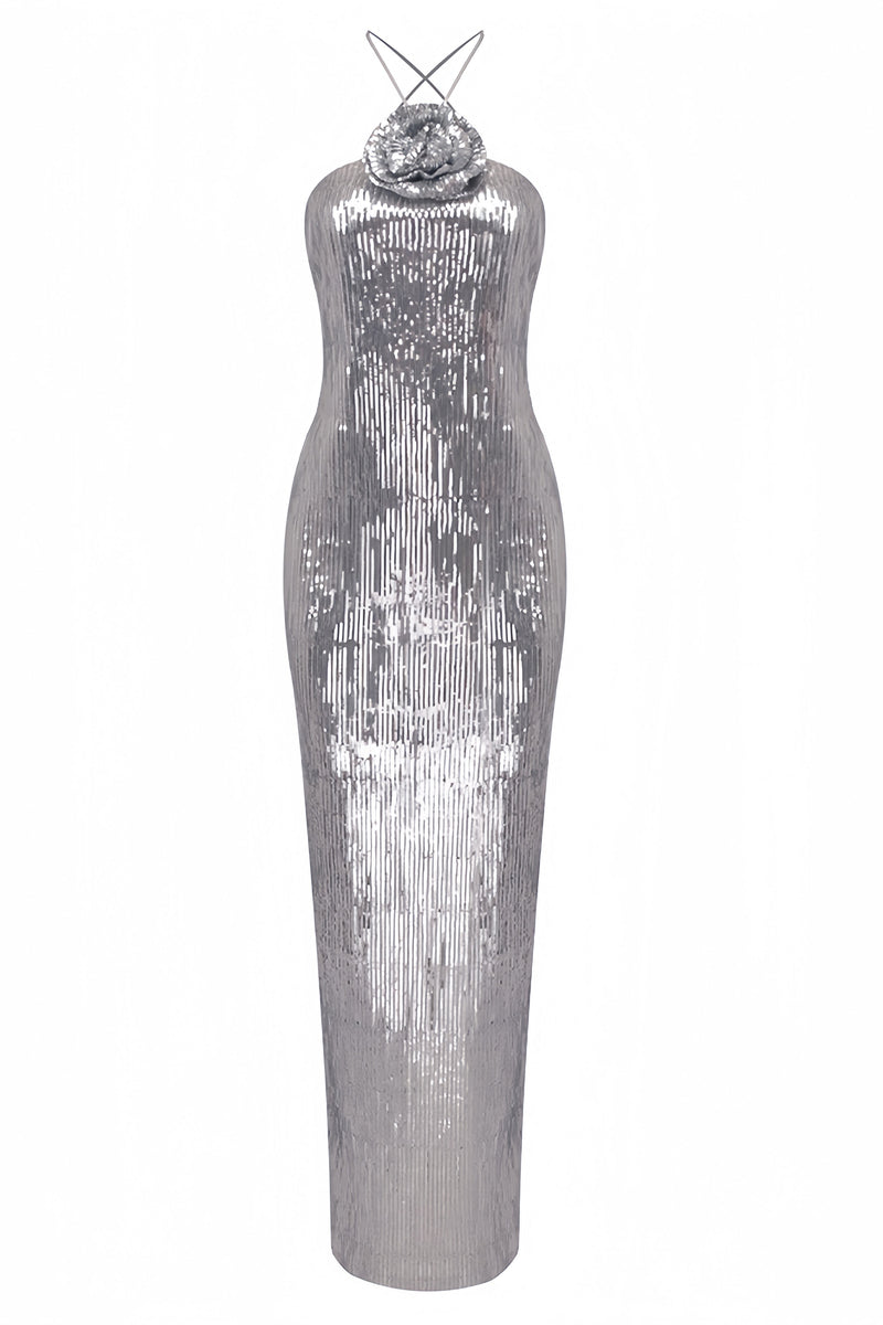 Soraya Silver Sequin 3d Maxi Dress