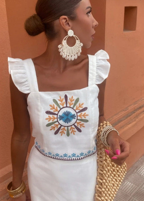 Solandra - Embroidered Two-piece Set With Ruffle Straps