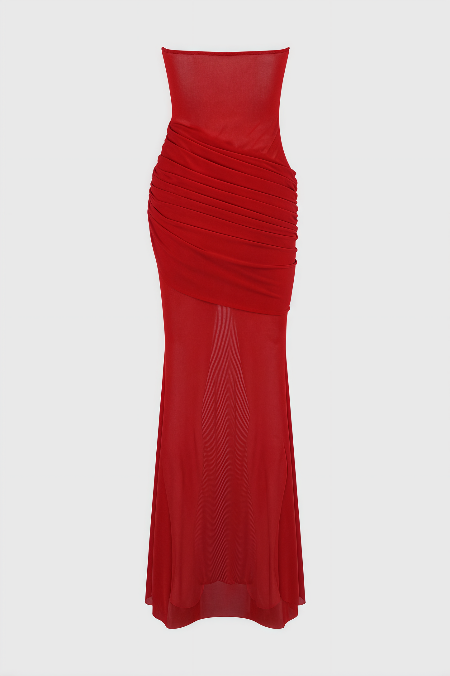 Nydia Red Strapless Sheer Mesh Maxi Dress