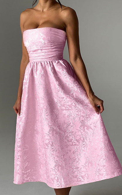 Jacquard Fabric Strapless Open Back Slim Midi Dress