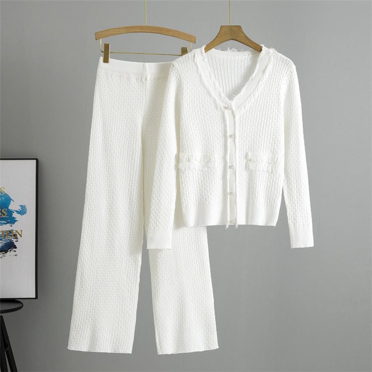 White – Color Slim-fit Knit Two Piece Set